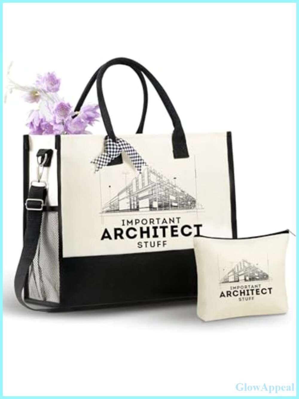 Canvas Tote Bag with Zipper and Shoulder Strap Makeup Pouch Set